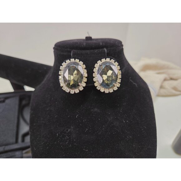 Vintage Smoke and Ice Crystal Rhinestone Bracelet & Earrings Set Oval - Picture 10 of 16